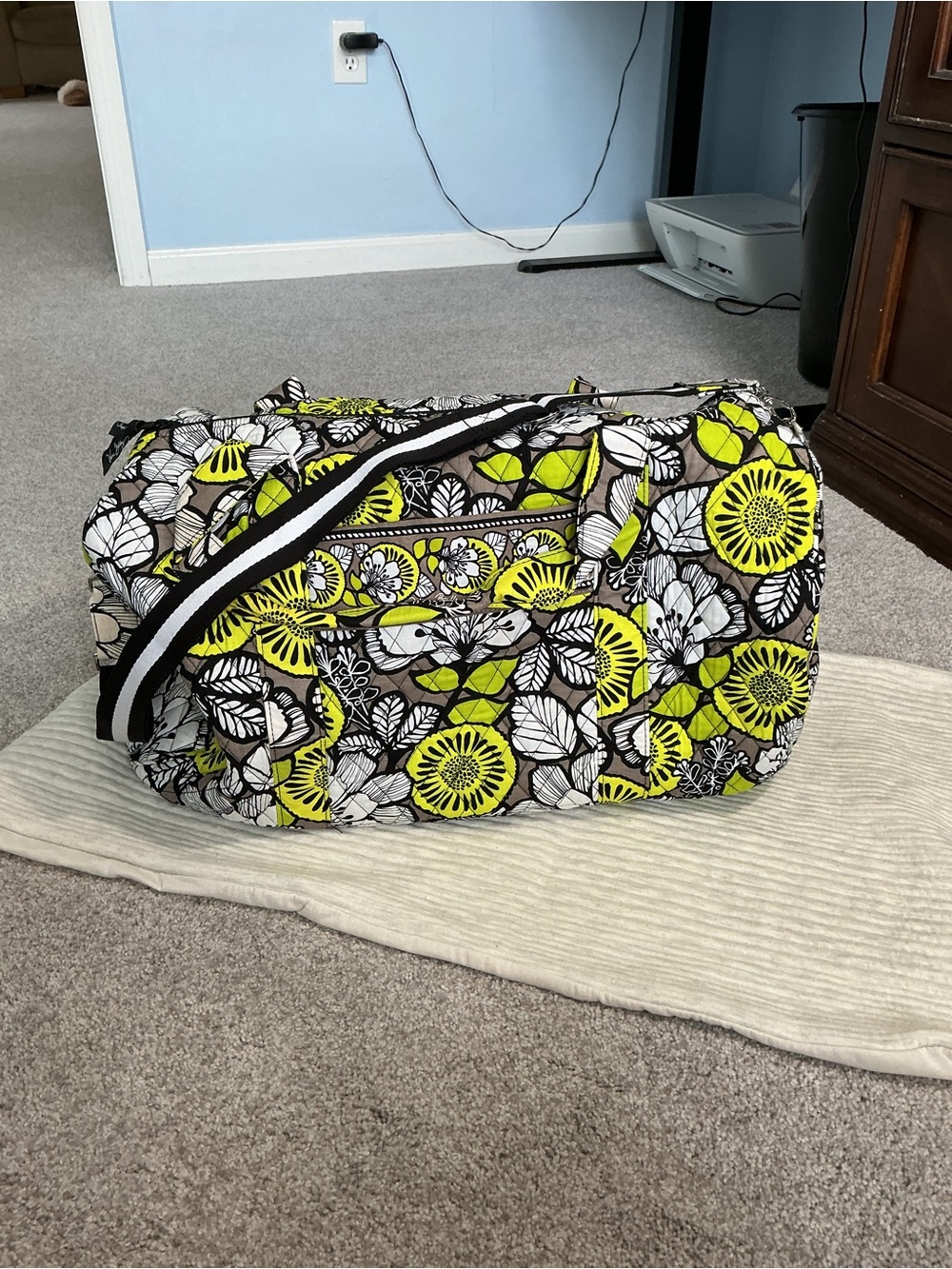 Vera Bradley Quilted Floral Travel Duffel in Lime, Black & White